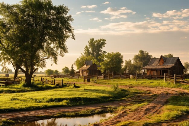 Photo a rural farm bathed in the warm glow of the morning sun