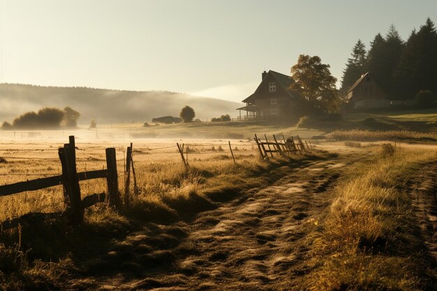 Photo a rural farm bathed in the warm glow of the morning sun