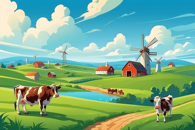 写真 緑の畑と小屋の動物牛風車青い空と雲のベクトルアニメ