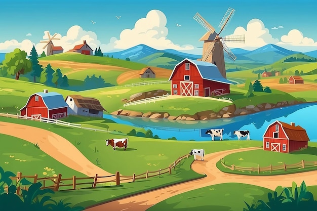 Rural farm lansdscape with green fields and barn animals cows windmills on hill with blue sky and clouds vector cartoon