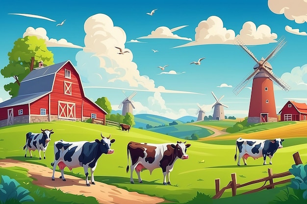 Rural farm lansdscape with green fields and barn animals cows windmills on hill with blue sky and clouds vector cartoon