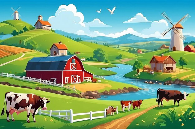 Rural farm lansdscape with green fields and barn animals cows windmills on hill with blue sky and clouds vector cartoon