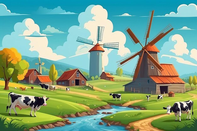 Rural farm lansdscape with green fields and barn animals cows windmills on hill with blue sky and clouds vector cartoon