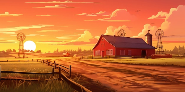 Photo rural farm scene with iconic red barn and windmill suitable for agricultural concepts