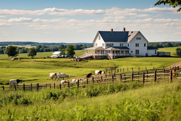 Photo a rural farm with rolling green fields grazing animal generative ai