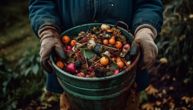 Rural farmer holding ripe tomato autumn harvest generated by AI