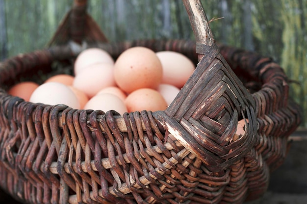 Rural handmade basket with fresh brown eggs