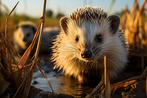 写真 夏に緑の穀物畑で食べている農村のハーモニー野生のブタ