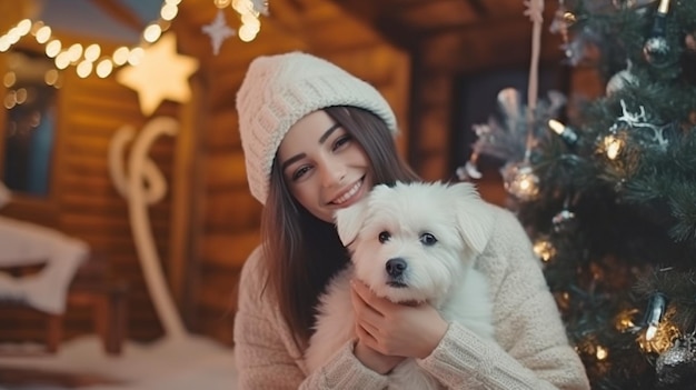 At a rural house's holidaydecorated backyard a young woman and her adorable white puppy employ Generative AI