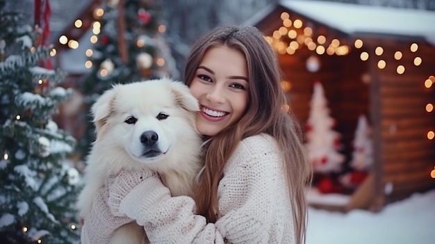 At a rural house's holidaydecorated backyard a young woman and her adorable white puppy employ Generative AI