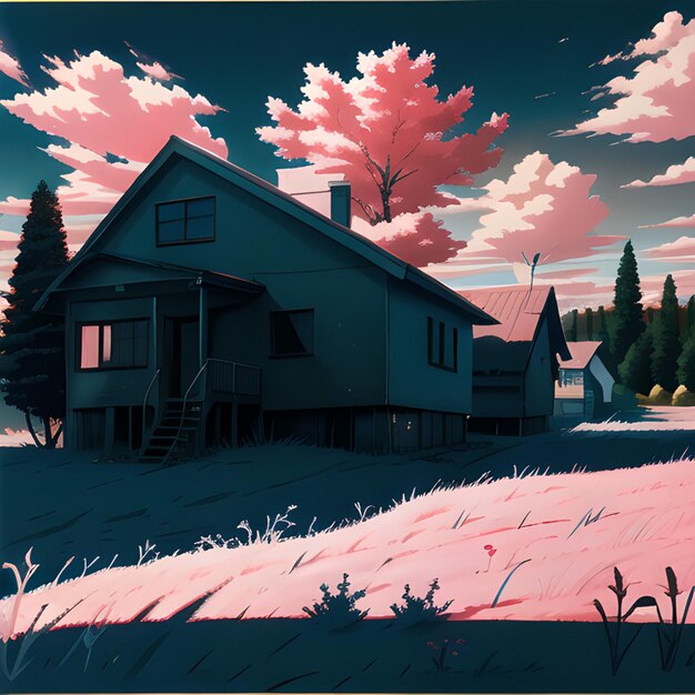 Rural House with Pink Clouds