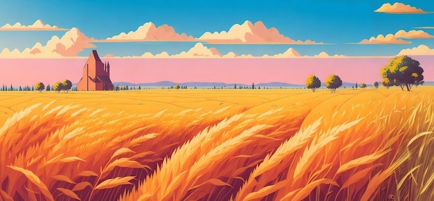 Фото Сельский пейзаж, поле пшеницы, иллюстрация, сгенерированная ии