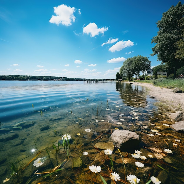 Rural landscape and blue sky and white clouds on the lakeside