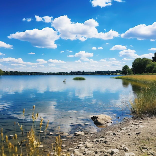 Rural landscape and blue sky and white clouds on the lakeside