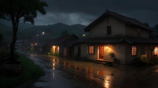 写真 雨の夜の田舎の風景