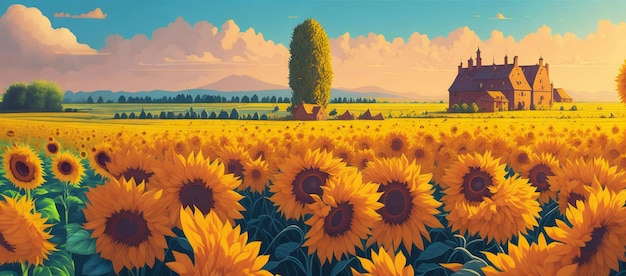 Rural landscape a field of sunflowers AI generated illustration