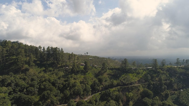 Rural landscape mountains with farmlands village fields with crops trees aerial view farm lands on