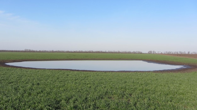 Rural landscape overlooking fields and large puddle in the middle Nature after the rain