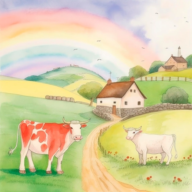 Rural landscape in pastel colors A cow in a meadow among the hills under a rainbow