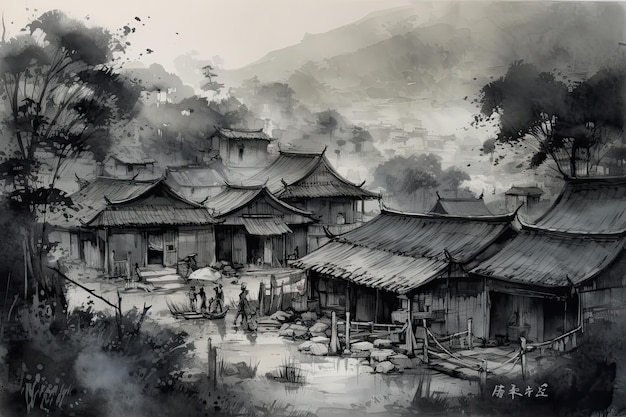 Rural landscape rendered in ink wash style reminiscent of Chinese painting evokes a sense of tranquility and harmony with nature Generative AI