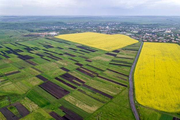 Rural landscape on spring or summer day. Aerial view of green, plowed and blooming fields, house roofs and a road on sunny dawn. Drone photography.