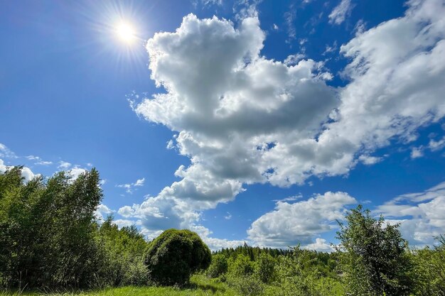 Сельский пейзаж с красивым небом, белыми пушистыми облаками.