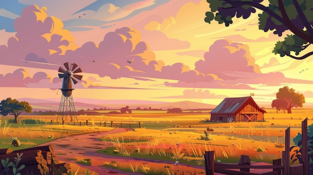 Photo rural landscape with farm barn windmill water tower and agriculture fields at sunset modern cartoon illustration