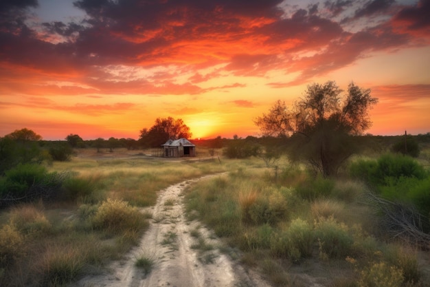 Rural landscape with sunset featuring dramatic skies and colorful clouds created with generative ai