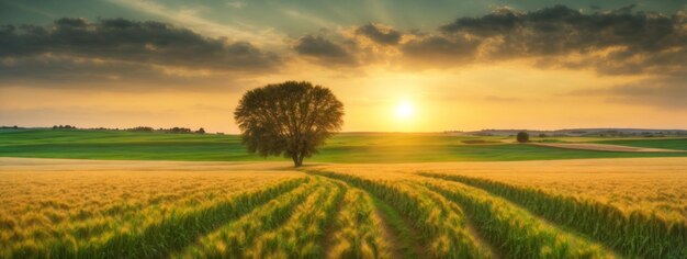 Rural landscape with wheat field on sunset