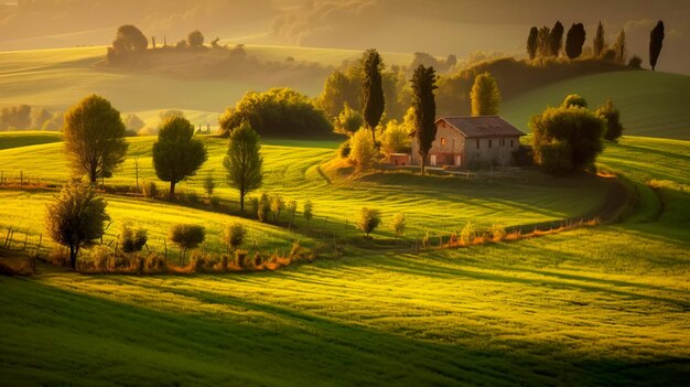 Foto paesaggi rurali con fattorie, colline ondulate e villaggi affascinanti