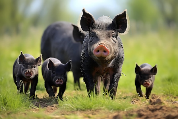 Rural Large Black Pig And Piglets Pasturing On Green Meadow