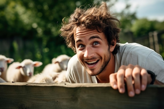 Rural life with an image of a young man leaning on a wooden fence overlooking his sheep