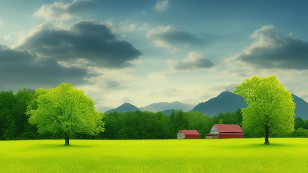 赤い木造住宅と雲のあるノルウェーの田園風景