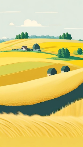 Фото Сельская мечтательная ферма и иллюстрация пшеничных полей в стильном представлении