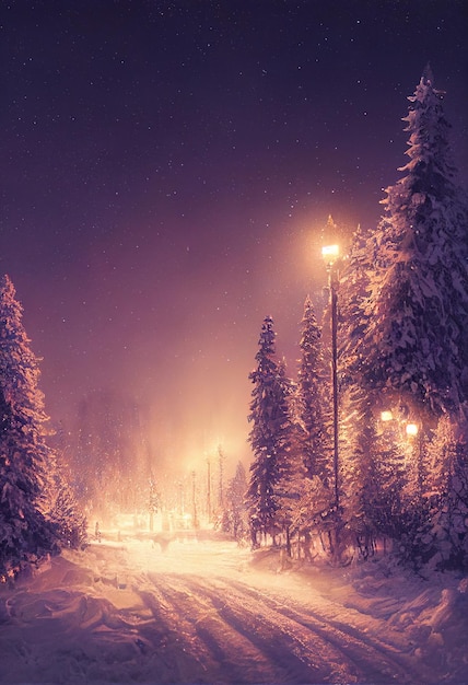 Rural road on christmas night 3d illustration