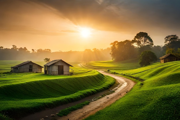 A rural road in a field with a sunset in the background