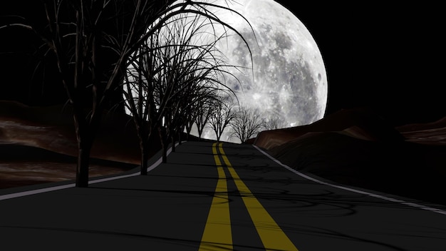 달이 있는 산의 시골 도로가 내려가고 있습니다3D 렌더링