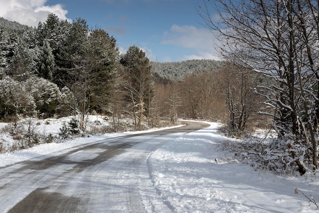 Rural road in the picturesque mountains on a winter day Greece Peloponnese