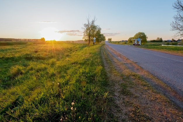 Photo rural road in the village next to the field at sunset