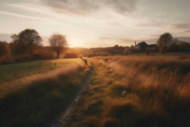 A rural road with a field and a house in the background