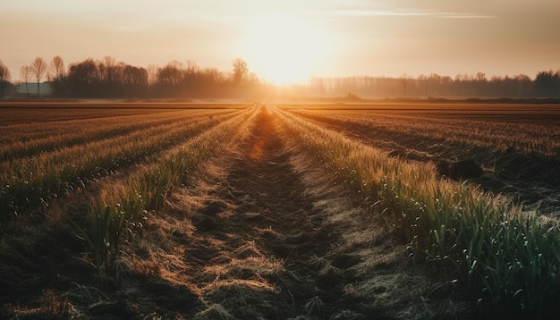 Rural scene at dusk wheat harvesting industry generated by AI