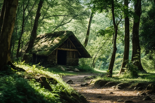 古い屋根のある森の小屋の田園風景