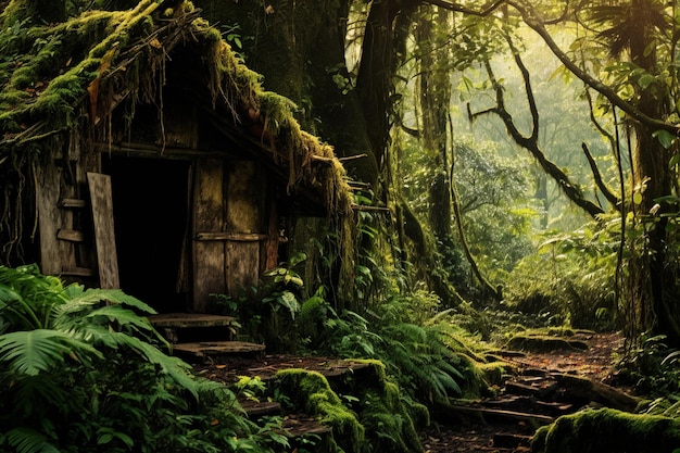 古い屋根のある森の小屋の田園風景