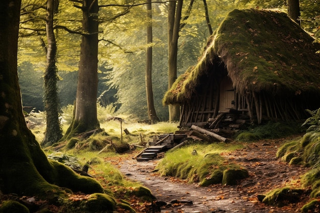 古い屋根のある森の小屋の田園風景