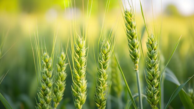 春の畑の田舎のシーン新しい緑の小麦の耳とスペースのマクロの深さでジェネレーティブAI