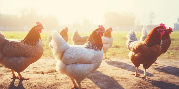 Rural scene with chickens at sunrise