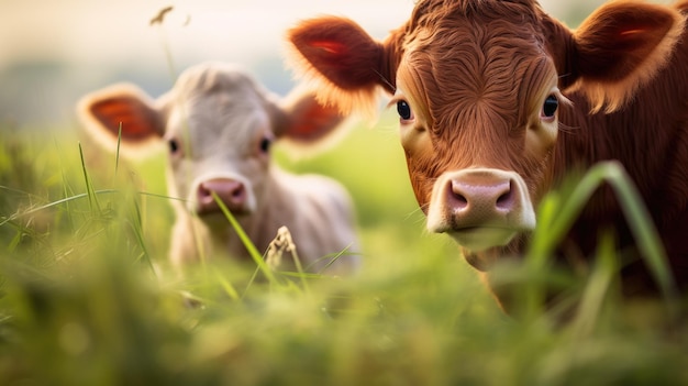 A rural scene with a cow and a calf in a green meadow