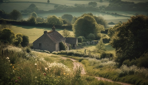 Photo a rural scene with a farm house and trees in the distance.