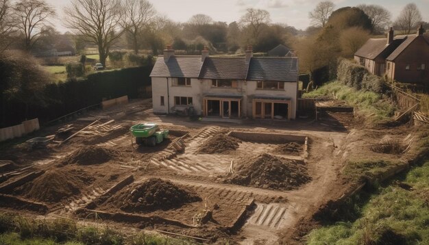 Rural scene with old equipment digging and construction activity generated by AI