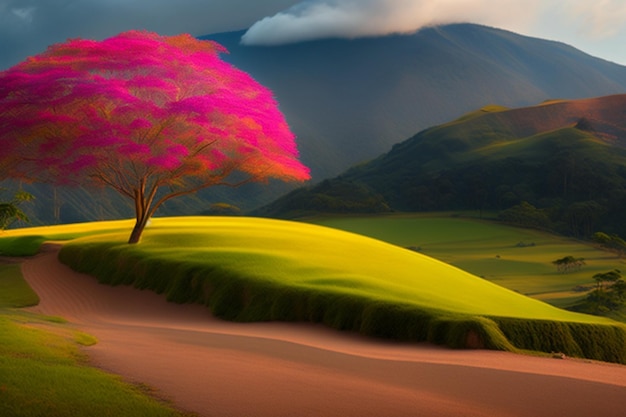 Photo rural serenity landscape with a blossoming cherry tree